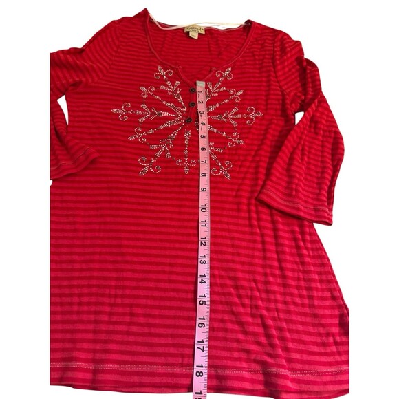 One World Womens Top Size Med Rhinestones Star Vneck Holiday Red Striped Shirt - Picture 6 of 7